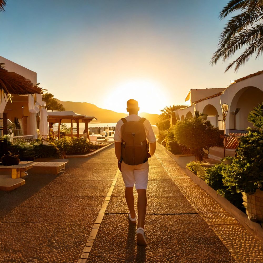 Firefly a man with a backpack walking through a resort at sunrise 92910