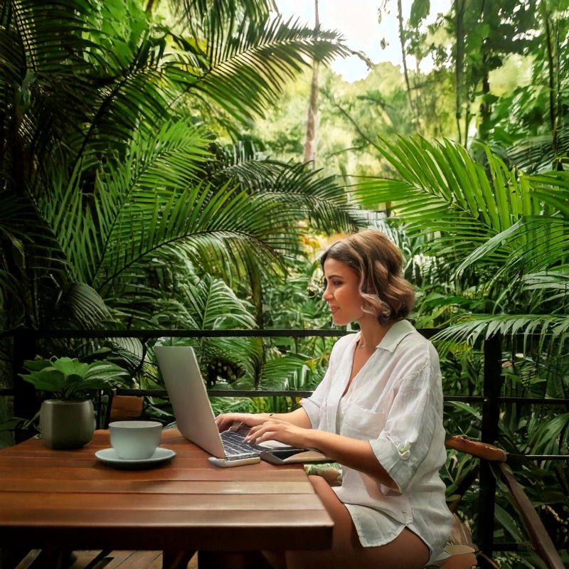 Firefly a woman with a coffee working on a laptop in a cafe in the jungle 83270