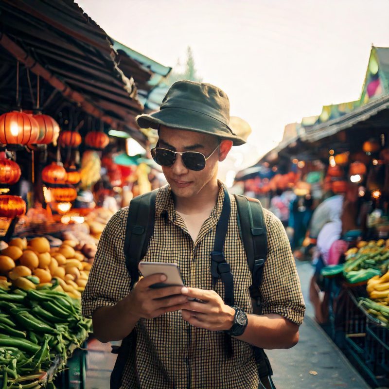 Firefly digital nomad looking at his phone navigating a Thai market 68190